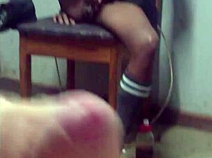 hot skinny schoolgirl slut masturbates tight wet juicy pussy on chair interracial