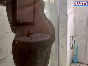 Ebony housewife showers then fucks husband's friend in bathroom