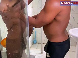Ebony housewife showers then fucks husband's friend in bathroom