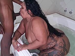 Chubby BBW Takes BBC Bareback in Hot Tub Massage