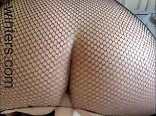 horny fat ass teacher squirts bouncing wet pussy on huge dildo fishnets!