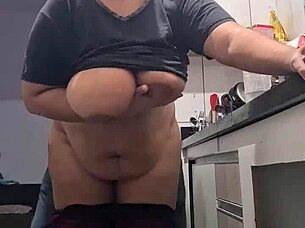 Thick curvy milf bends over kitchen counter for taboo pounding