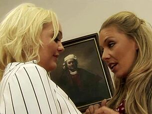Blonde lesbian boss disciplines employee strapon office dress code violation