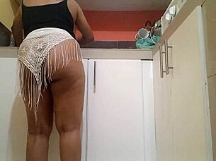 Skinny Latina Teases with Dripping Wet Pussy Fingering in Kitchen