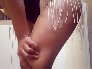 Skinny Latina Teases with Dripping Wet Pussy Fingering in Kitchen