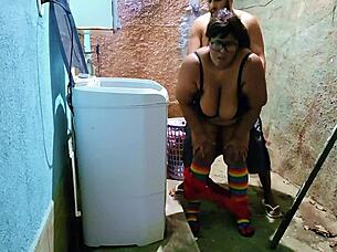 Amateur Pounds Big Tits Latina Backyard Double Mouth Cum