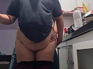 Thick curvy milf bends over kitchen counter for taboo pounding