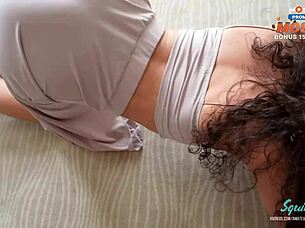 Skinny brunette trapped under sofa needs rough help