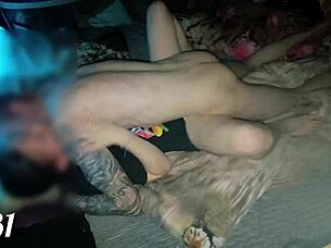 Redhead couple fucks juicy on squeaky hotel bed moaning