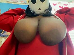 Petite cosplay nerd with huge oiled saggy natural tits self-sucks monster black cock