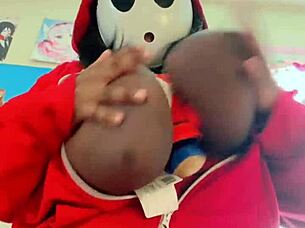 Petite cosplay nerd with huge oiled saggy natural tits self-sucks monster black cock