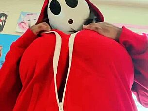 Petite cosplay nerd with huge oiled saggy natural tits self-sucks monster black cock