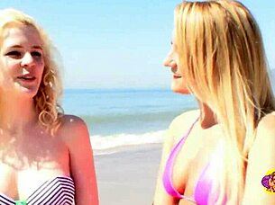 beautiful lesbian bimbos finger shaved pussies after beach fingering session