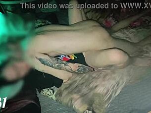 Redhead couple fucks juicy on squeaky hotel bed moaning