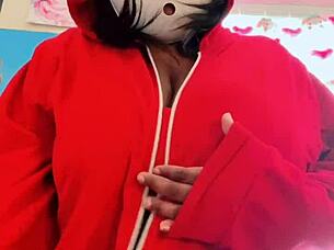 Petite cosplay nerd with huge oiled saggy natural tits self-sucks monster black cock