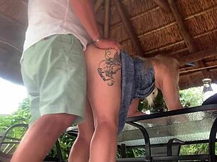 i couldn't resist flipping up her skirt for that close-up creampie pounding outdoors