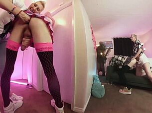 Two girlfriends dominate slave guys with handjobs until massive cumshots explode