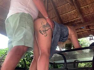 i couldn't resist flipping up her skirt for that close-up creampie pounding outdoors