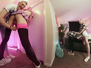 Two girlfriends dominate slave guys with handjobs until massive cumshots explode