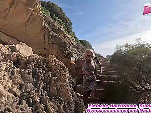 Skinny German blonde milf pounds outdoors in vacation sneakers