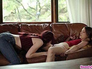 how does brunette babe dominate redhead gf with intense facesitting?