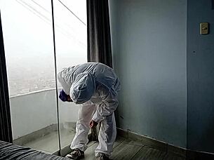 Cleaning guy bends me over for raw doggy pussy pounding