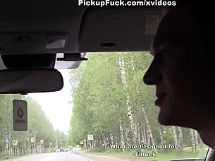 Brunette Pickup Girl's Outdoor 3some Blowjob Facial Cash