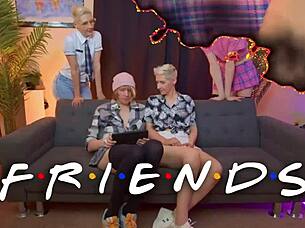 Two girlfriends dominate slave guys with handjobs until massive cumshots explode