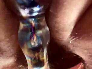 Watch this close-up hairy pussy stretch around glass dildo solo masturbation?