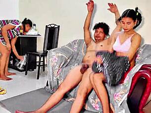 Threesome pounds petite brunette wife rough