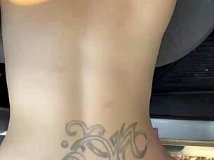 Slim thick streetwalker bent over car shows pierced nipples before public ass cumshot pounding