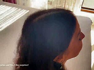 Friends curvy brunette wife convinced for bedroom muff diving and cum on ass quickie