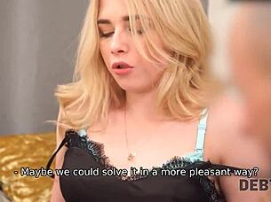 Debt collector pounds my adorable curly blonde pussy hard for cash payment