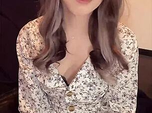 japanese ladyboy in dress quietly masturbates solo