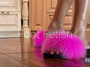 from furry slippers to bare tattooed toes in kitchen