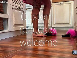 from furry slippers to bare tattooed toes in kitchen