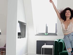 Petite curly asian teen model Layla Balan teases in solo softcore heat