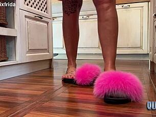 from furry slippers to bare tattooed toes in kitchen