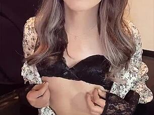 japanese ladyboy in dress quietly masturbates solo