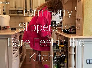 from furry slippers to bare tattooed toes in kitchen