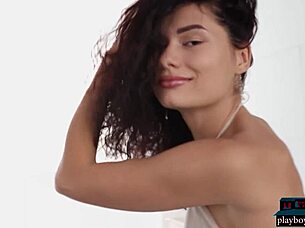 Petite curly asian teen model Layla Balan teases in solo softcore heat