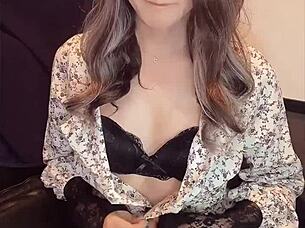 japanese ladyboy in dress quietly masturbates solo