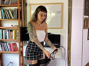 Miniskirt secretary sucks fucks dirty talking horny solo tease
