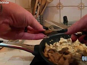 from furry slippers to bare tattooed toes in kitchen