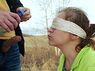 Blindfolded outdoor cum tasting game with sloppy deepthroat 😜💦🍆
