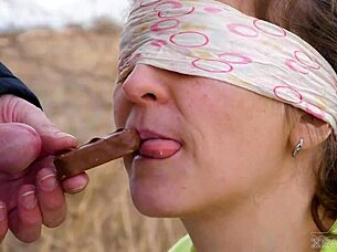 Blindfolded outdoor cum tasting game with sloppy deepthroat 😜💦🍆