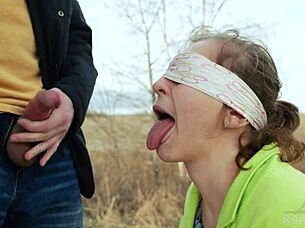 Blindfolded outdoor cum tasting game with sloppy deepthroat 😜💦🍆