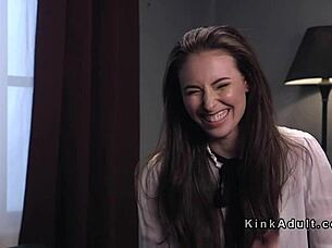 oh god, tied brunette slave chokes on deepthroat before rough anal flogging bang!