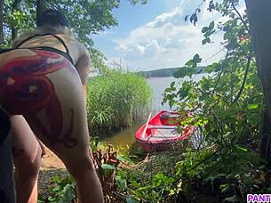 Blonde Tattoo Amateur Rides Cock Publicly on River Boat