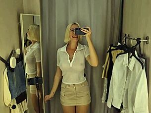 sexy blonde teacher uniform try-on 😍 flashing pussy panties